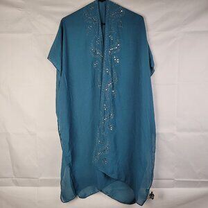 Jessica McClintock Kimono Wrap Kaftan One Size Blue Gemmed Semi Sheer Boho NWT